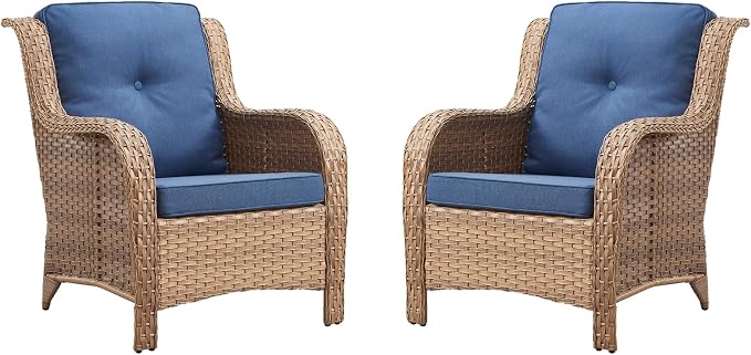 Rilyson Patio Furniture Chairs Outdoor Chair - 2 Piece Wicker Rattan Chairs Set with High Back and Deep Seating for Deck Porch Balcony Backyard Garden(Yellow/Blue)