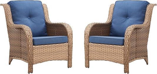 Rilyson Patio Furniture Chairs Outdoor Chair - 2 Piece Wicker Rattan Chairs Set with High Back and Deep Seating for Deck Porch Balcony Backyard Garden(Yellow/Blue)