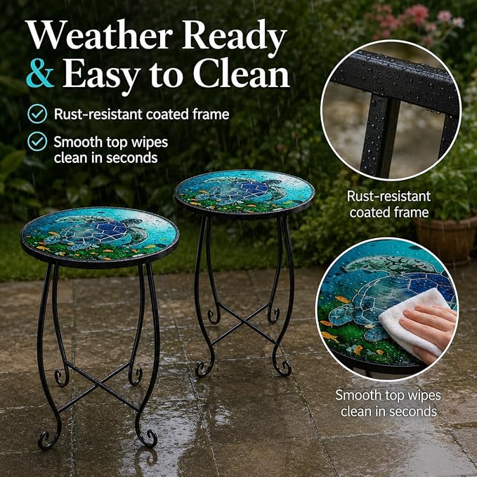 2-Pack 15 Inch Tall Mosaic Patio Side Tables Style, Metal Folding Turtle Table Set, Shatterproof Outdoor Patio Table for Porch Deck, Rust Resistant Small Garden Table (Set of 2)