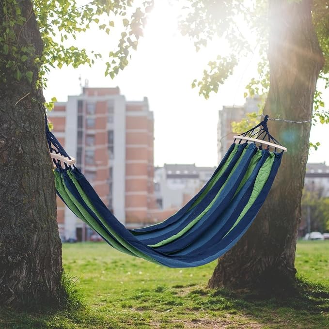 BESPORTBLE Outdoor Travel Hammock Striped Canvas Swing Bed 190x100cm Extra Wide Hanging Hammock for Camping Hiking Backyard Patio Use