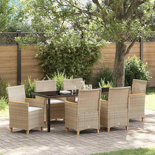7 Piece Outdoor Dining Set, Beige Poly Rattan Patio Furniture with 6 Cushioned Chairs and Glass Tabletop for Garden Deck Backyard