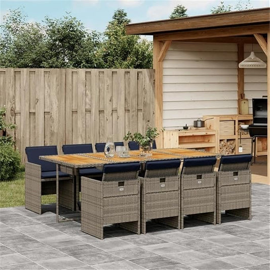 Afuera Living 9 Piece Patio Dining Set, Gray Rattan and Brown Acacia Wood, Stackable Chairs with Removable Cushions, Modern Outdoor Furniture for Garden or Backyard, Seats 8