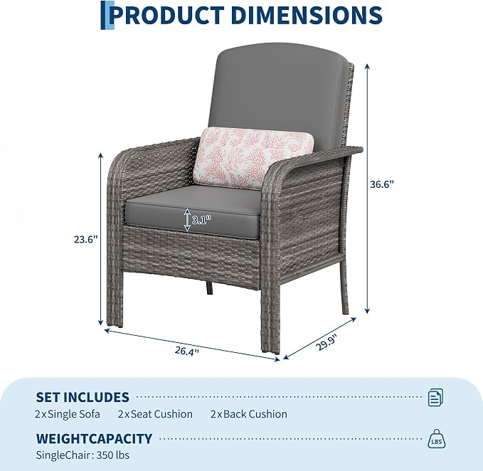 IDEALHOUSE 2-Piece Outdoor Patio Set, All-Weather Wicker Chairs with High Back & Cushions for Deck, Porch, Garden,Gray Rattan+Gray Cushion