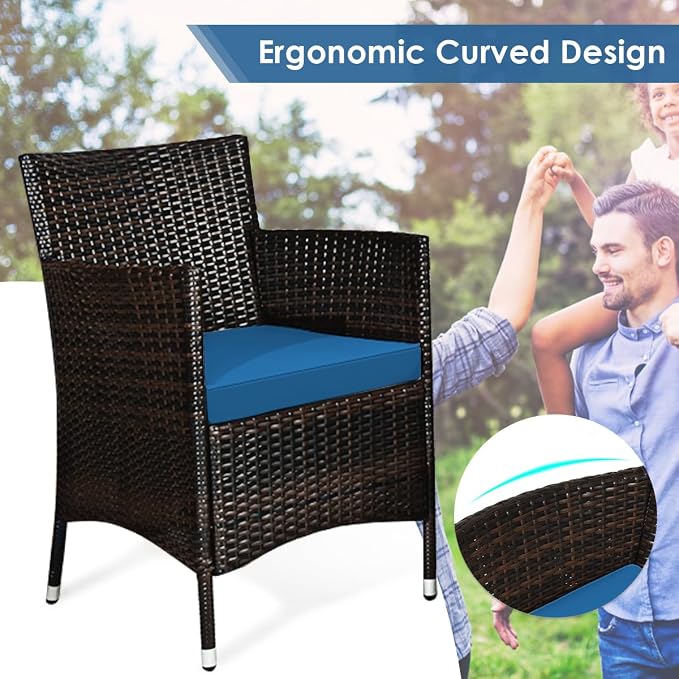 8 Pieces Patio Sofa Set, Wicker Conversation Set with Ergonomic Curved Backrest, Water-Resistant Cushion & Tempered Glass Table for Balcony, Porch (Peacock Blue)