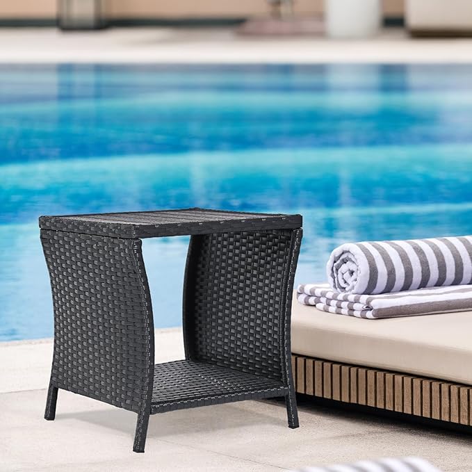 Outdoor Patio Side Table Small Black Wicker Rattan End Table for Outside Storage Coffee Table with Poly Lumber Table Top for Garden Lawn Pool Porch Deck