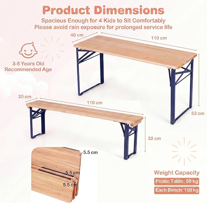 HONEY JOY Kids Picnic Table, 43.5 Inch Folding Toddler Outdoor Table & 2 Benches, Fir Wood Top & Metal Frame, No Assembly, Portable Easy to Store Camping Table and Chairs for Patio Backyard (Blue)