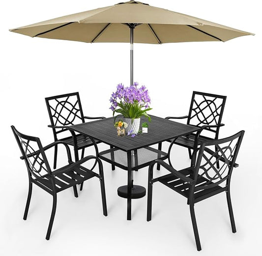 5 Piece Outdoor Patio Dining Set with Umbrella, Metal Patio Furniture Set Outdoor Square Slatted Dining Table with 9 FT Patio Umbrella, 4 Stackable Chairs for Backyard, Garden