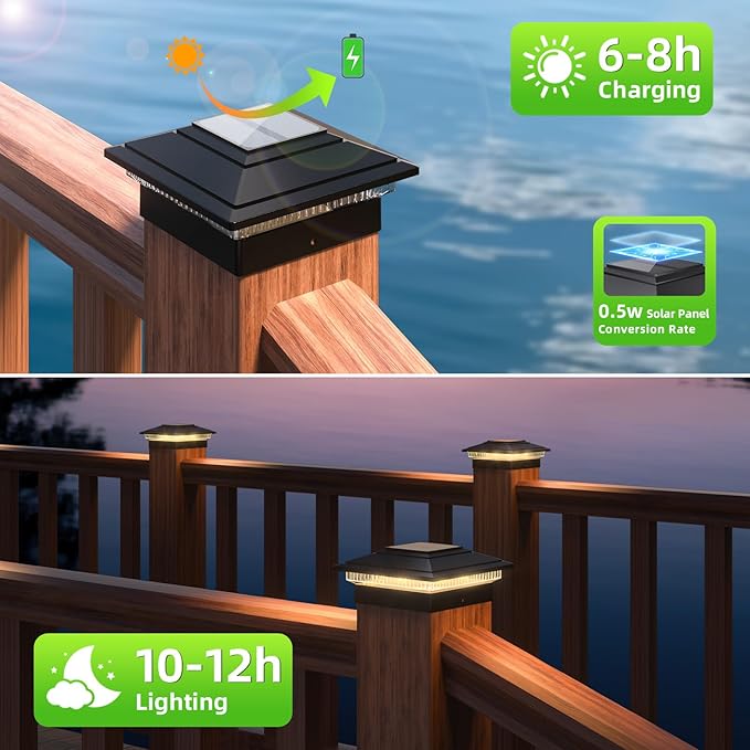 Solar Post Cap Lights Outdoor 12pack, Waterproof Fence Post Lights for 4x4 5x5 6x6 Wood/Vinyl Posts, Black Solar Deck Post Lights with 2 Color Modes Decorate Garden Patio Porch Backyard