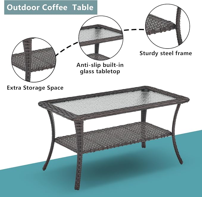 Outdoor Wicker Patio Furniture Set - 6 Piece Rattan Patio Conversation Set with 2 Rocking Swivel Chairs,2 Ottomans,1 Loveseat and 1 Coffee Table for Porch Deck Backyard Garden(Brown/Beige)