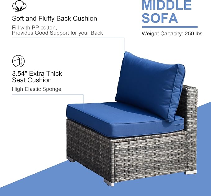 HOOOWOOO Patio Outdoor Sectional Furniture Sofa Set with Swivel Chairs,8 Pieces L Shaped Corner Wicker Rattan Couch Set with Glass Table,Modern 6 Persons Summer Patio Conversation Set(Navy Blue)