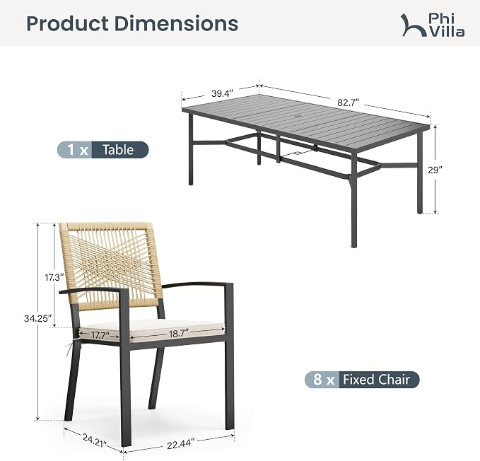PHI VILLA 9pc Patio Dining Set, 82" Rectangular Table, Wicker Chairs | Outdoor Dining Set for 8, Large Patio Dining Table Set with Patio Wicker Chairs for Garden, Porch, Deck
