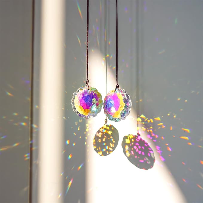 Set 2 Colorful Crystal Suncatcher Prisms Rainbow Sun Catcher Indoor Window | 45mm,Datura Shaped,Rainbow Maker,Hanging Crystals,Beads For Suncatcher,Glass Ornaments For Home Garden Tree,Gift For Sister
