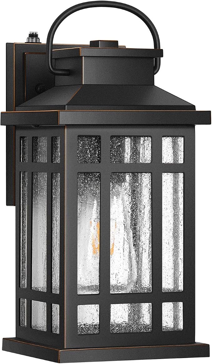 Exterior Lighting Fixtures, Black Porch Lights Outdoor with Gold Trim, Dusk to Dawn Porch Light with Seeded Glass, Aluminum Anti-Rust Waterproof Outdoor Wall Lantern for Houae, Garage, Doorway