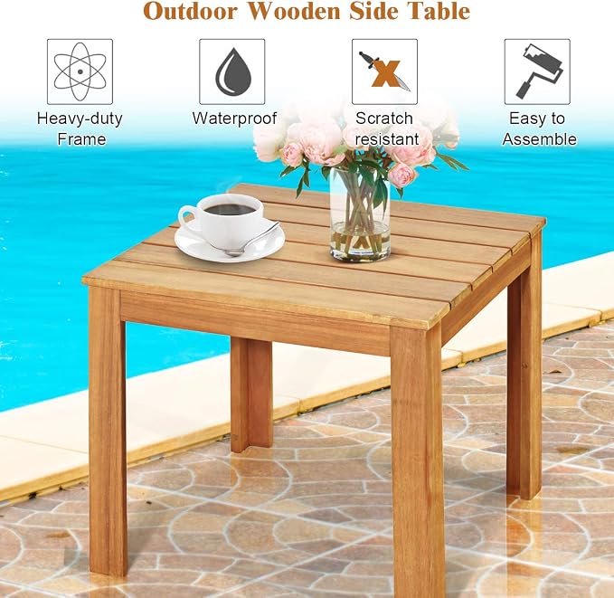 Giantex Outdoor Side Table, Acacia Wood Adirondack Table W/Oil Finished, 220lbs Weight Capacity, Square End Table for Patio, Backyard, Garden, Poolside & Balcony (1, Natural)
