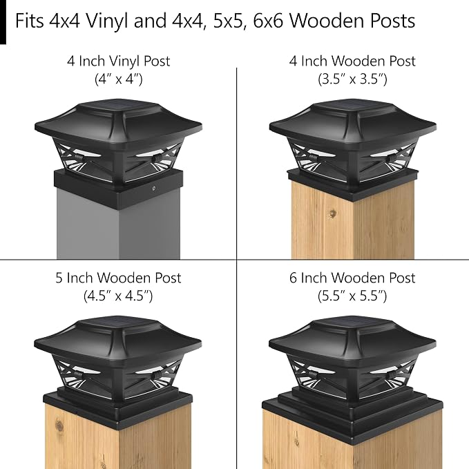 Davinci Renaissance Solar Outdoor Post Cap Lights, 4x4 5x5 6x6, Bright, 4PK | Slate Black, fence/deck/garden/patio posts, UV fade-protected plastic, auto-on, 7-8h runtime, cordless, IP44, 25lm warm white