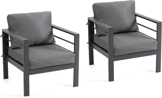 4-Piece All-Weather Metal Patio Furniture Set, Sectional Conversation Sofa w/Coffee Table, Heavy Duty Steel Frame & Washable Cushions for Backyard Garden (Grey, Armchair)