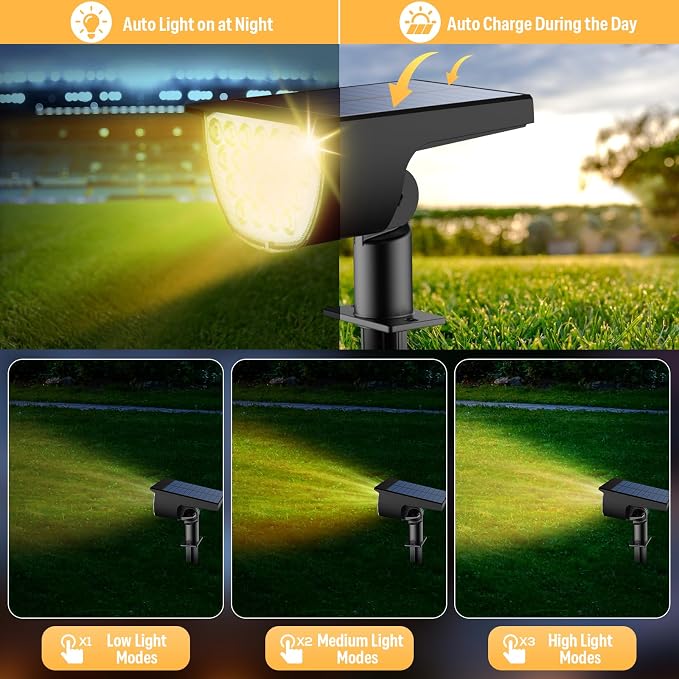 GKGG Solar Lights Outdoor Waterproof IP65, Solar Powered 76 LED 3 Lighting Modes Solar Spot Lights Outdoor for Yard Garden Landscape Pathway (Warm White, 6 Pack)