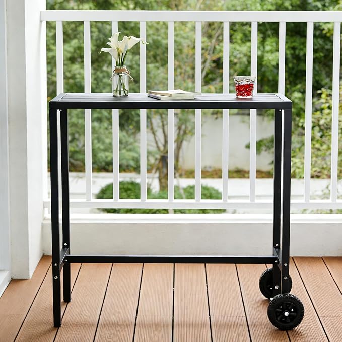 Takywep Weatherproof Steel Outdoor Bar Table, 39 Inch Counter Height Patio Dining Table with Wheels and Adjustable Leveling Feet, Portable Rolling Pub Table for Kitchen Island, Home Bar, Balcony