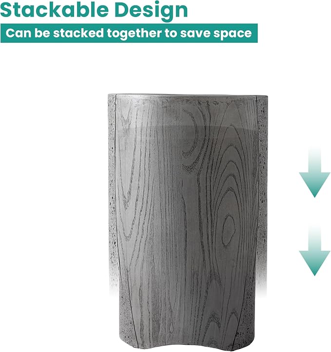 SUNBURY Outdoor Side Table, Set of 2 Round Concrete Side Table Nesting for Patio, Outdoor Decorative Accent End Table in Wooden Pattern, Ceramic Garden Stool for Yard, Pool, Grey