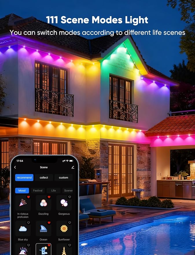 RGBW Permanent Outdoor Lights 200ft, 40LM, with 144 LED Bulbs, Black | IP67 Waterproof, 111 Scene Modes, 2700K Warm White, Music Sync, Individual Control, Eave Lights Compatible with Alexa