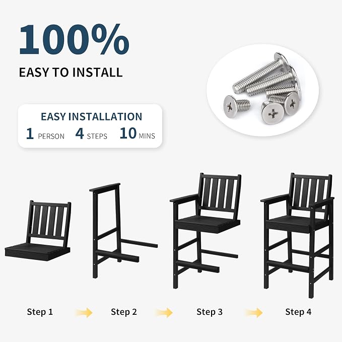 Adirondack Bar Chair Set of 2, All Weather HDPE Counter Height Bar Chair with Wide Armrests & Footrest, Heavy-Duty Outdoor Bar Height Barstools Set for Patio, Balcony, Pool, Backyard, Black