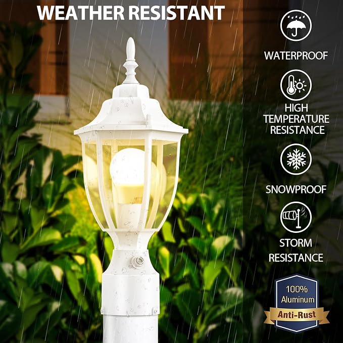 Lamomo Dusk to Dawn Outdoor Post Lights, Waterproof Aluminum White Lamp Post Light Fixture, Lamp Posts Outdoor Lighting Pole Lantern for Yard Patio Pathway Garden