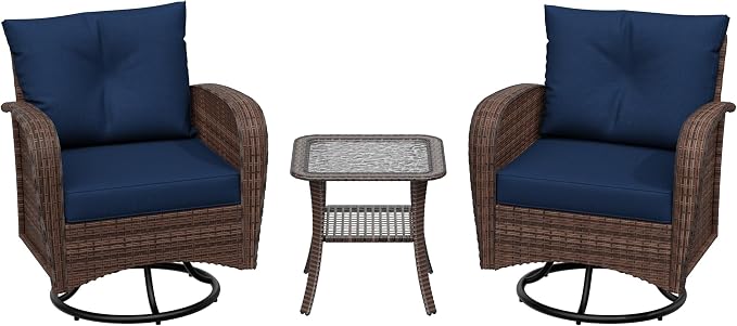 3 Pieces Conversation Furniture Set of Patio Swivel Rocking Chairs and End Table, Wicker Rattan Outdoor Set with Washable Cushions for Backyard, Poolside, Sunroom (Navy Blue)