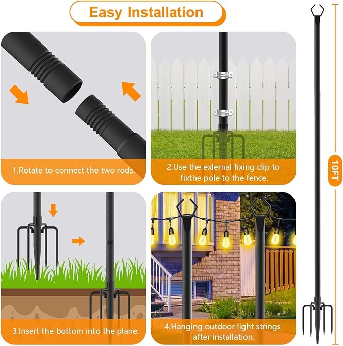 LETIANPAI 10Ft String Light Poles 6 Pack,Light Poles for Outside Lights,Outdoor with Fence Brackets Hanging Lights,Metal Stand Deck Patio Backyard