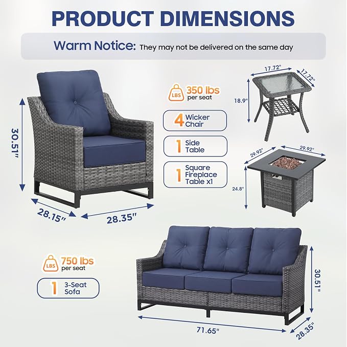 7 Piece Patio Furniture Set With Fire Pit , 360° Swivel Patio Chairs Set of 2,Cozy 60,000 BTU Square Fire Pit Table,2 Wicker Chairs,Sofa,Outdoor Side Table,All-Weather Wicker Patio Sets For Outdoor