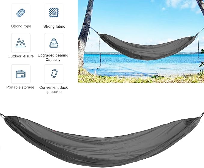 Portable Parachute Camping Hammock, Lightweight Outdoor Hammock with Aluminum Snap Hooks and Storage Bag, Compact Foldable Hammock for Hiking Travel Picnics (Gray)