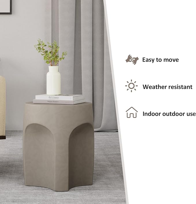HOMPUS Outdoor Side Table w Arch Shape, Unique Concrete End Table, Round Patio Accent Table MgO Lightweight, Modern Vintage Garden Plant Stand for Indoor Use, Grey
