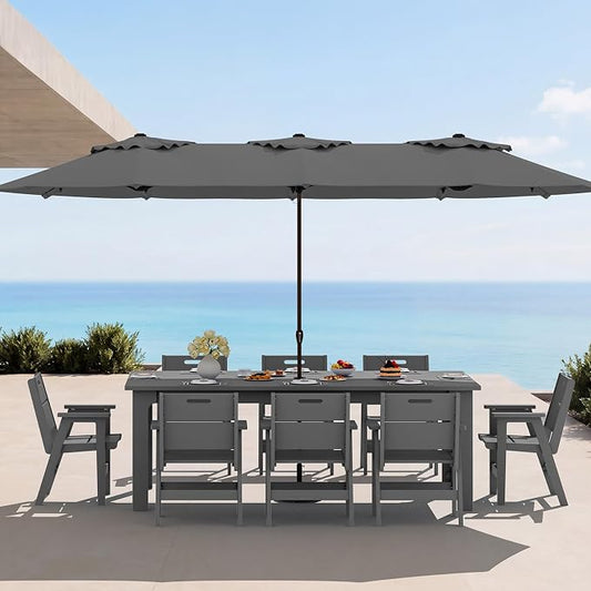 SERWALL 10-Piece Outdoor Dining Set, All-Weather HDPE Patio Furniture with 76" Rectangular Dining Table, 8 Arm Chairs & 1 15FT Umbrella (Base Not Included), Heavy Duty Patio Dining Sets, Gray