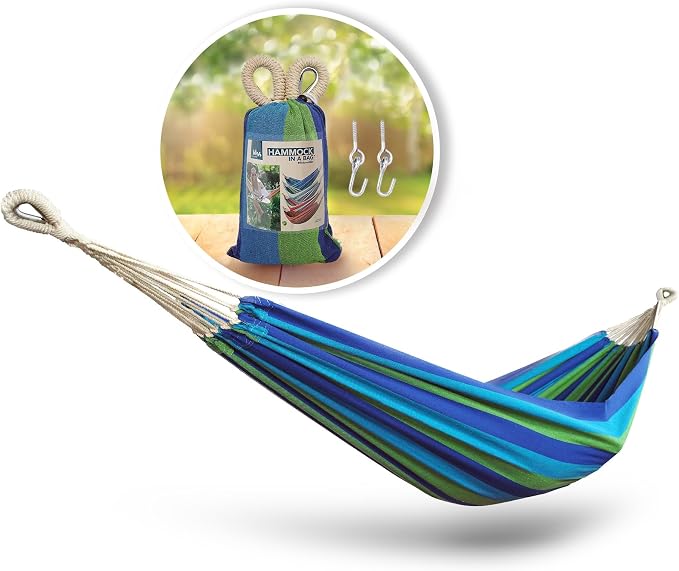 Bliss Hammocks 40" W Single Outdoor Hammock with Universal Multi-Loop Suspension with "S" Hooks, Durable, Cotton/Polyester, 220 Lbs Capacity, Seabreeze