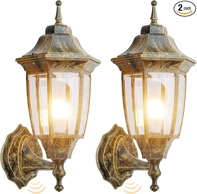 EMART Dusk to Dawn Outdoor Porch Light with Bulb, Wall Lamp(2 Pack, Gold) | Exterior Anti-Corrosion, Waterproof Aluminum & Glass Shades, Modern Sconce Lantern Fixtures for Outside, House, Garage