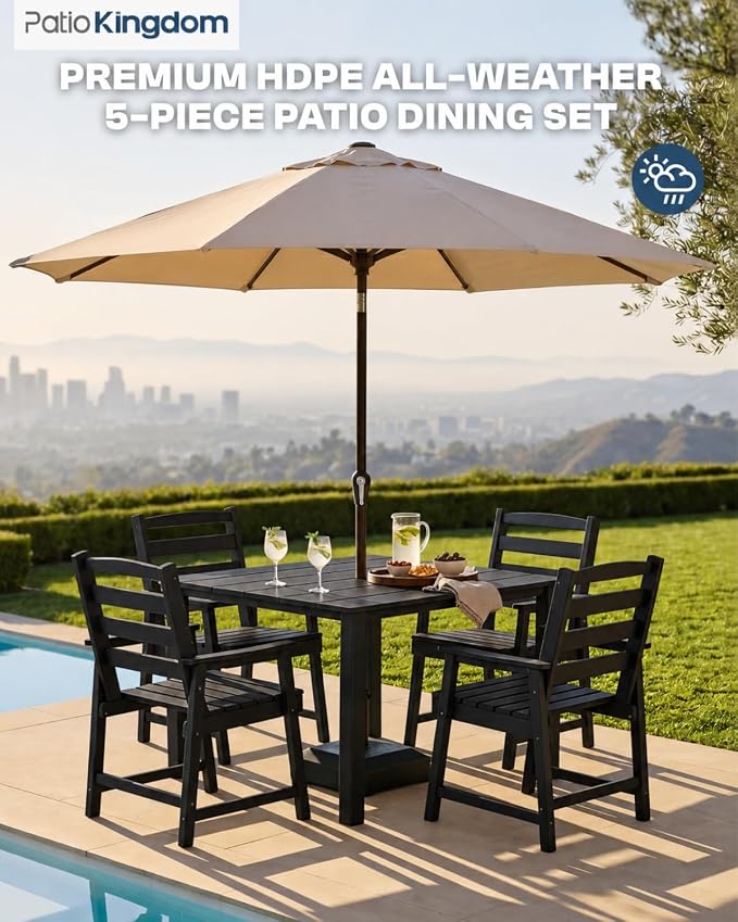 HDPE Outdoor Dining Set for 4 with 10FT Umbrella, Black | All-Weather HDPE, Wood Grain Finish, 42.5" Square Table, Built-In Umbrella Hole, Seats 4, Patio & Poolside Ready