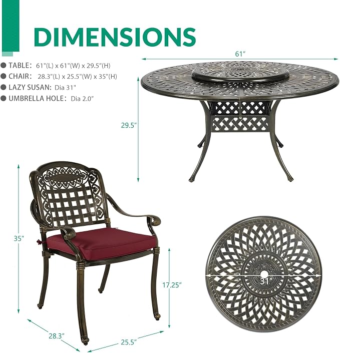 VIVIJASON 9-Piece Outdoor Furniture Dining Set, Rust-Free Cast Aluminum Patio Conversation Set, Include 8 Cushioned Chairs & 61" Round Dining Table with 31" Lazy Susan, Umbrella Hole, Red