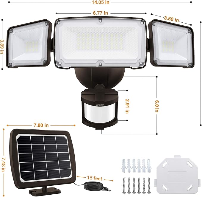 LEPOWER Solar LED Security Lights, PIR Motion Sensor Outdoor, 1600LM, Yard | 5500K Daylight, 72FT180° Motion Sensor Flood Light, 3 Adjustable Head, Easy Install, IP65 Waterproof for Porch, Patio, Garage