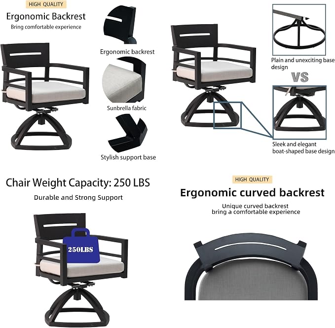 5-Piece Patio All Aluminum Furniture Set, All-Weather Resistant Outdoor Patio Set, 40" Square Dining Table with Umbrella Hole and 4 Swivel Rockers Fabric Upholstered,Ember Black