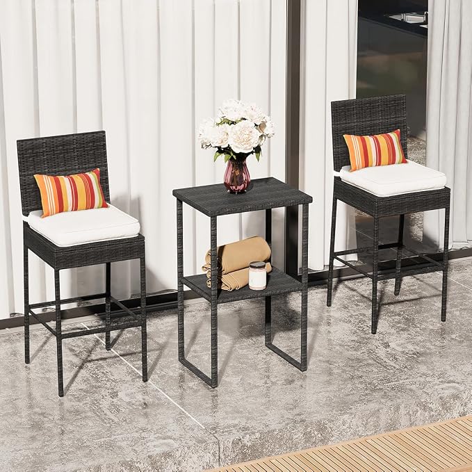 Sundale Outdoor Wicker Bar Table, 36 Inch Counter Height Patio High Top Dining Table, Rattan Bistro Pub Table with Storage Shelf for Deck Poolside Balcony Garden, Charcoal Gray
