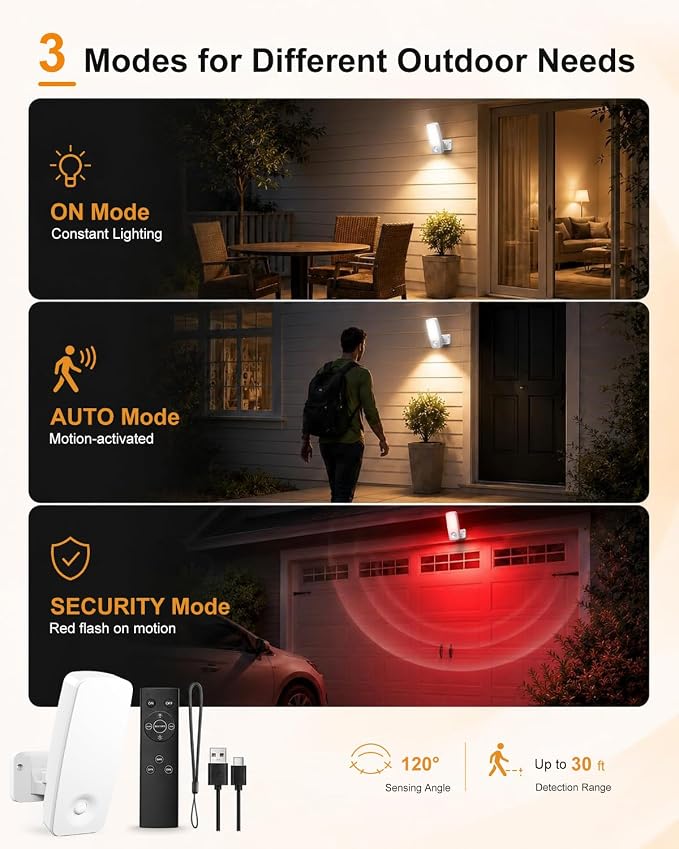 Battery Motion Sensor Light Outdoor, 10000mAh Rechargeable Wall Light with Remote, 3 Modes Wireless Security Light, 3CCT Dimmable, IP65 Waterproof for Garage Side Door Porch Shed (White)