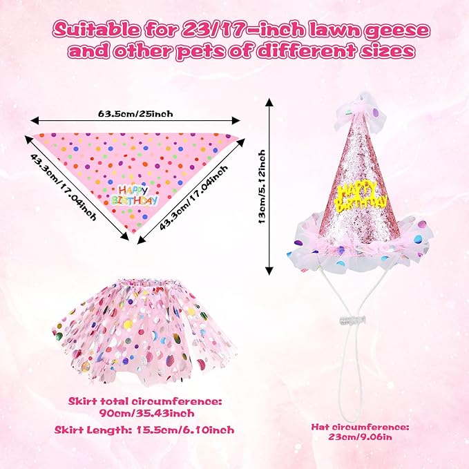 Porch Goose Outfits, Birthday Goose Outfits with Glitter Tutu Skirt, Birthday Hat and Bandana Valentine Porch Gooses Outfit for 23" 17" Outdoor Statue Patio Yard Lawn Art(Pink)