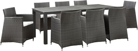 Modway Junction Wicker Rattan 9-Piece Outdoor Patio Dining Set with 80" Dining Table and Eight Dining Armchairs with Cushions in Brown White