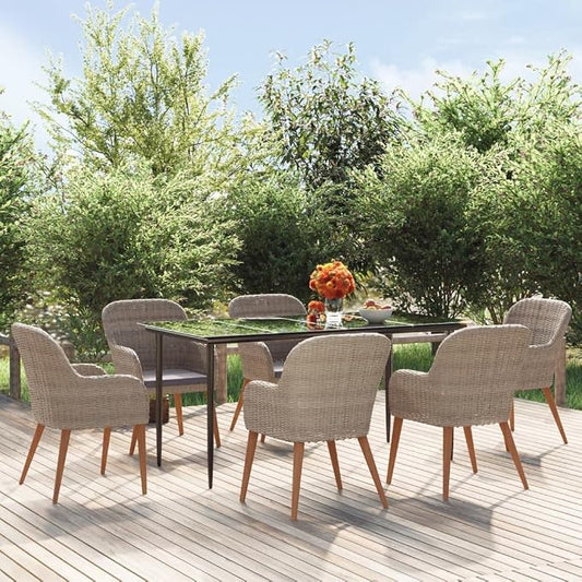 7 Piece Acacia Wood Patio Dining Set with Tempered Glass Table and Cushioned Chairs