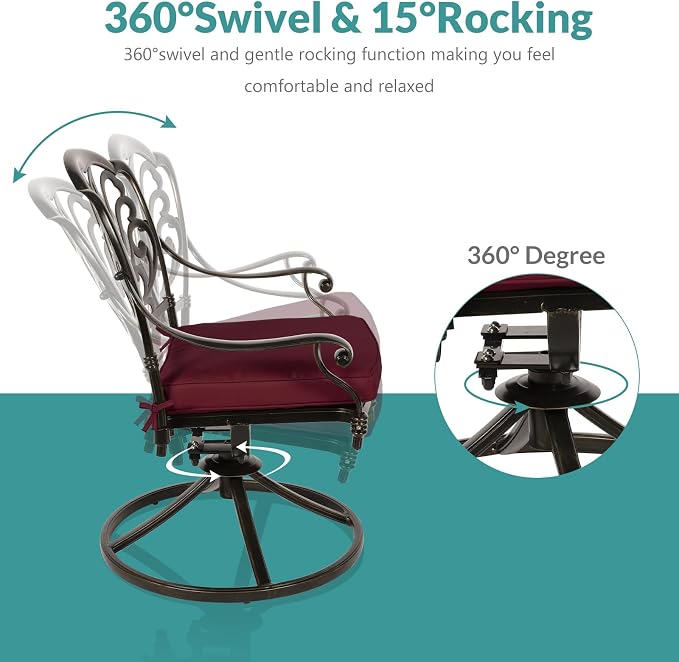 MEETWARM 3-Piece Outdoor Patio Dining Set, All-Weather Cast Aluminum Patio Conversation Set - 2 Cushions Swivel Rocker Chairs and 35.4" Round Table for Backyard Garden Deck, Umbrella Hole, Chili Red