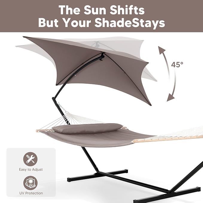SUNCREAT Portable Outdoor Hammock with Stand, Canopy, Double Hammock with Stand for Outside, Patent Pending, Brown