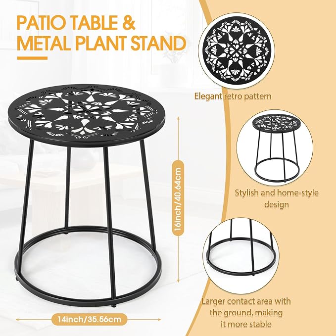 Vercraft Small Outdoor Side Table, 14" Patio Side Tables with Flower Cut Outs Weather Resistant Metal Outdoor End Table for Patio Outside Porch Balconies Garden(Black,Simple)