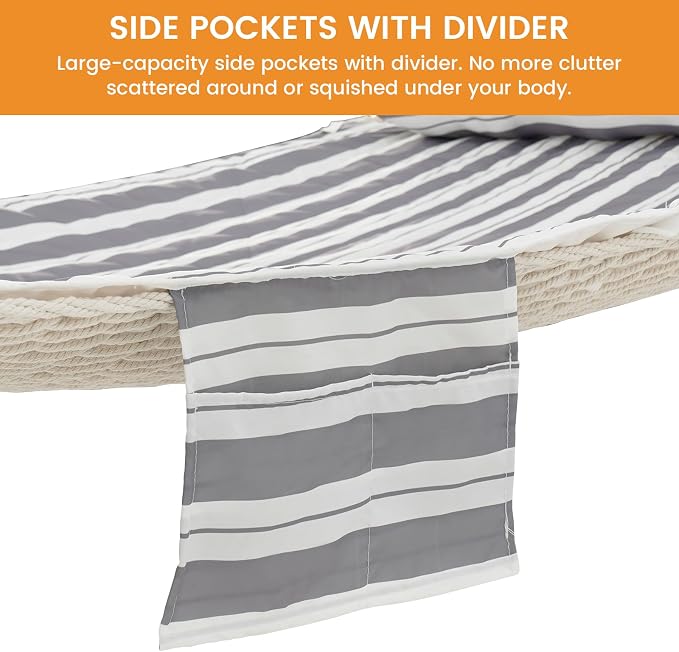 Lazy Daze Hammocks 2 Person Hammock Pad and Pillow Set, Double Polyester Quilted 78" x55" Replacement Pad for Rope Hammock, Light Grey Stripes