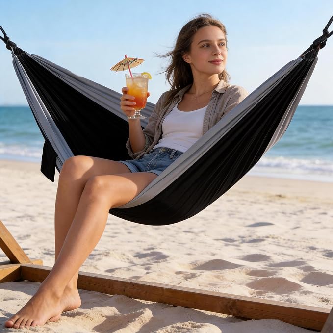 Adult Double Camping Hammock, 10ft x 6.5ft (300x200cm), Orange and Gray, 210T Nylon, 500 Lbs Weight Capacity, Portable with Storage Bag, d-Rings & Wide Straps, Breathable & Durable for Outdoor, Campin