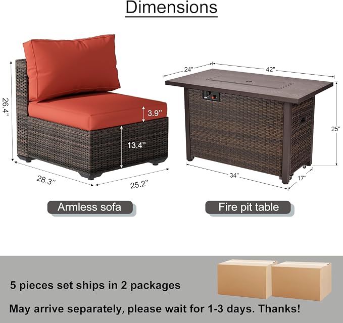 5 Pieces Patio Furniture Set with 42" Fire Pit Table, Outdoor Patio Sectional Sofa, Wicker Rattan Conversation Set, Red