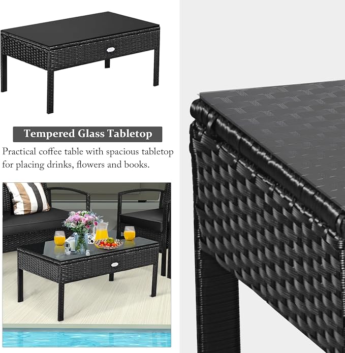 HAPPYGRILL 4-Piece Patio Conversation Set Outdoor Rattan Wicker Sofa & Coffee Table Furniture Set for Patio Garden Poolside